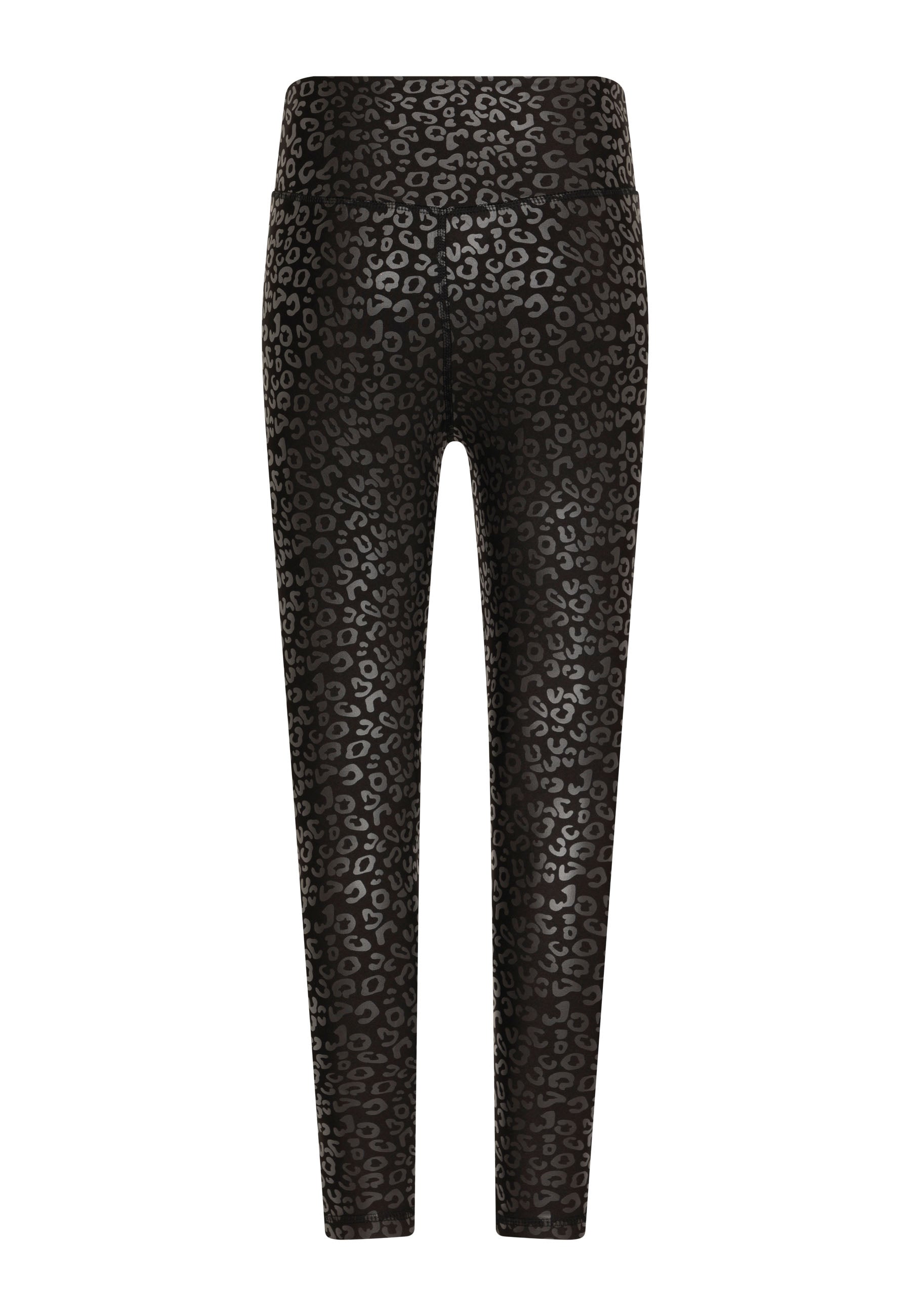 Die 1150 Schwarz & Silber Leggings in Lederoptik von Lismina zeichnen sich durch ein auffälliges Leopardenmuster auf Weiß aus.